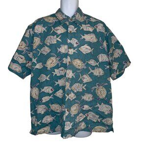 Vintage Cooke Street Hawaiian Shirt Mens 2XL Blue Fish Turtle  Ocean Beach